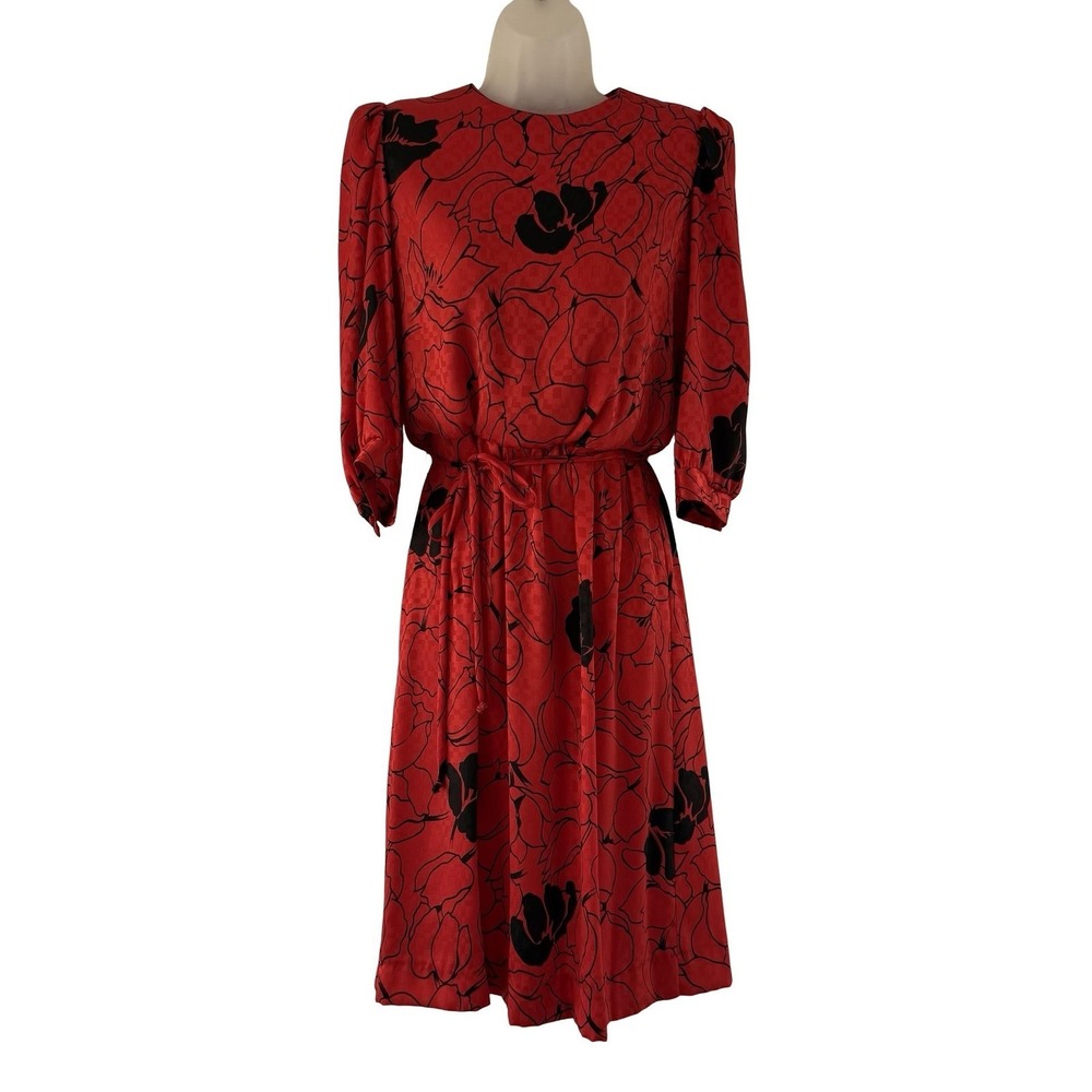 Vintage Lady Carol Petites Dress Womens 8 Red Floral Belted 3/4 Sleeve Midi